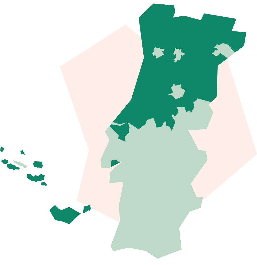 Mapa de Portugal que distingue os municípios com e sem cadastro predial. Os municípios sem cadastro predial estão assinalados a verde escuro e os municípios com cadastro predial a verde claro.
